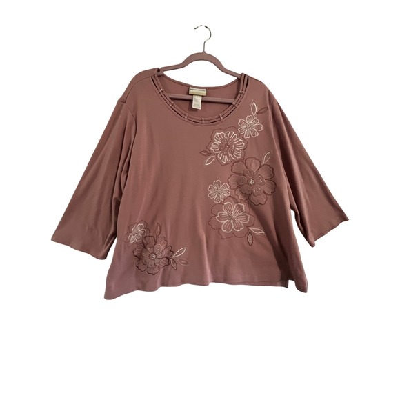 Alfred Dunner Woman Top 1X Floral Embellished Mauve 3/4 Sleeve Split Hem - Picture 1 of 9